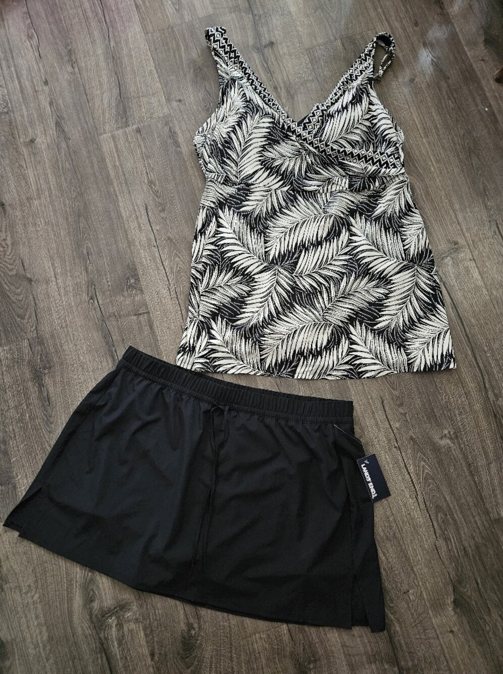Lands' End Black and White Palm Print One-Piece Tankini with Black Swim Skirt